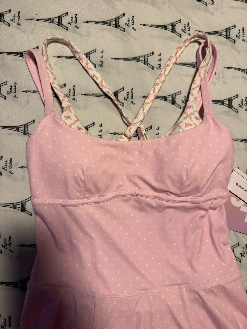 JoyLab Light Pink Polka Dot Skater Mini Dress with Floral Crisscross Straps - Picture 2 of 8